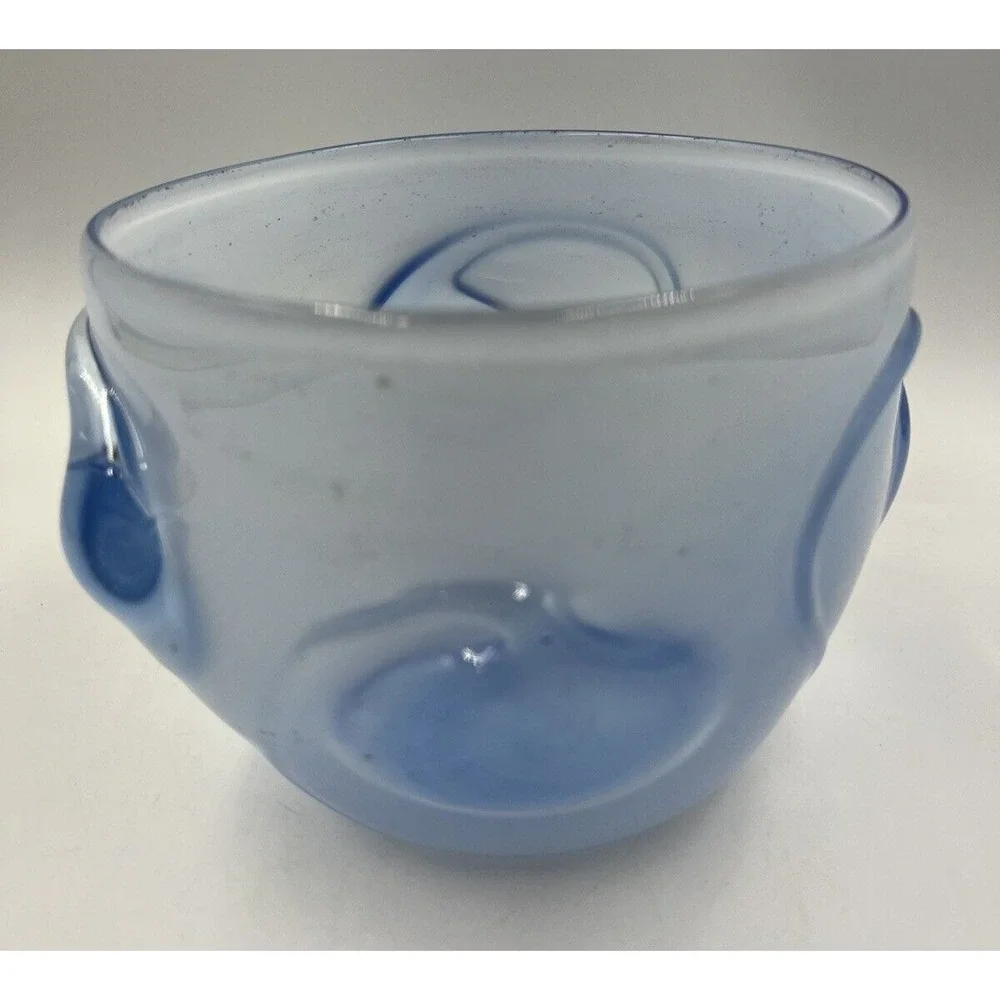 Signed David Hartman Studio Art Glass Bowl Blue Transition Milky Swirl Hand Blow